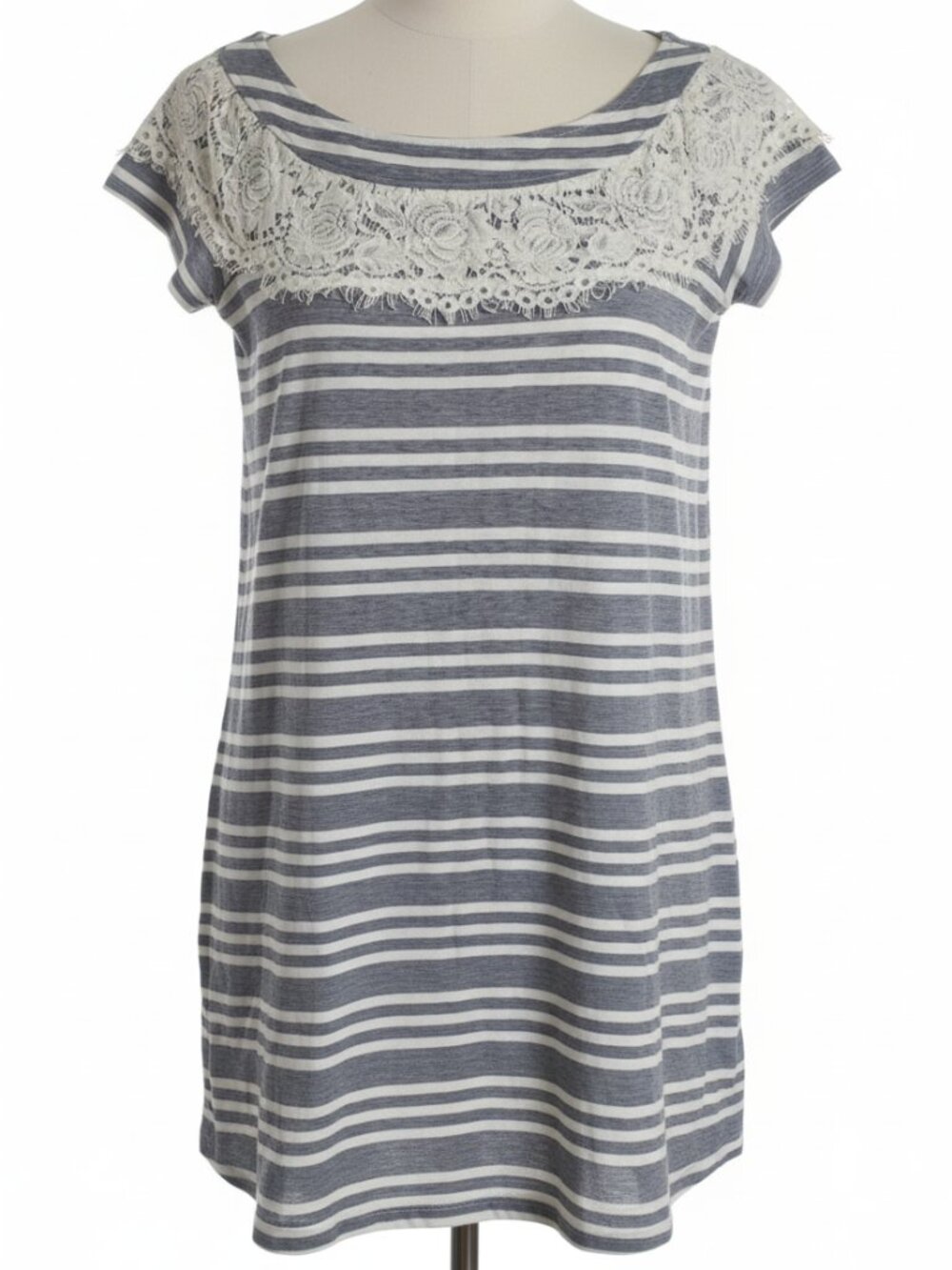 Doe & Rae Grey Stripe Lace Yoke Tunic Dress Boho Cap Sleeve Size S